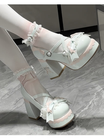 Crisscross High Toe Design Green Sweet Block Round Platform Mint - Heels
