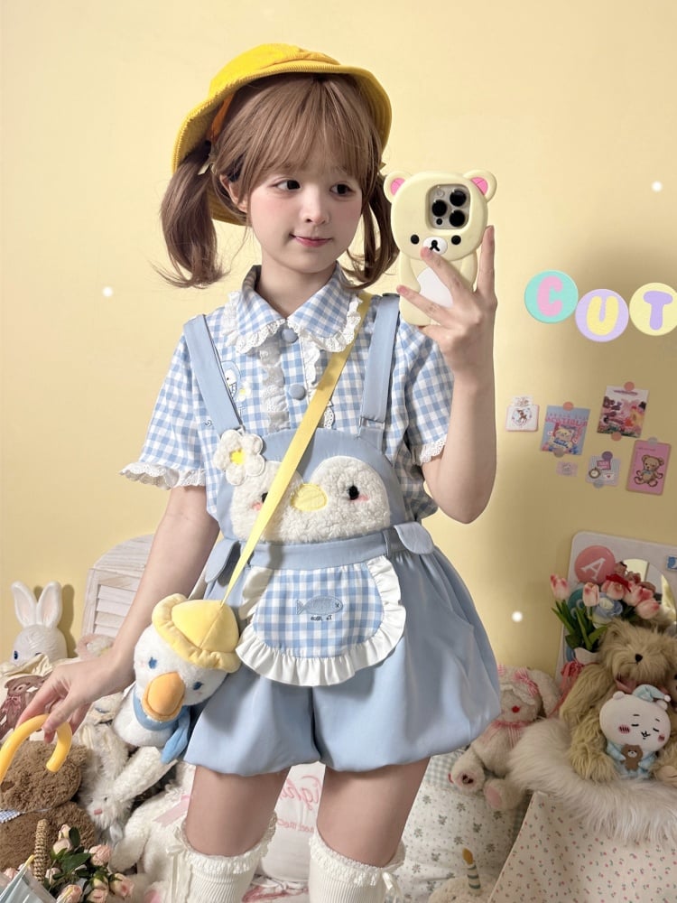 Little Penguin Blue Plaid Short Sleeves Blouse Lace Trim