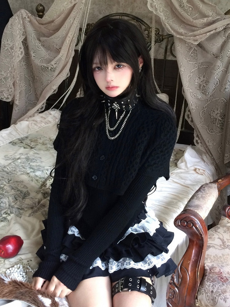 Shawl Curved Hem Sweater Button-Front Black with Detachable