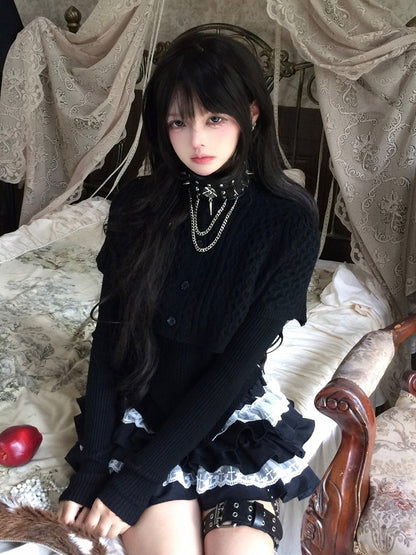 Shawl Curved Hem Sweater Button-Front Black with Detachable