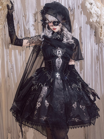 Black & Gray Bone Dragon Embroidery Halter Neck Gothic Lolita Dress Set - Ying Luo Fu