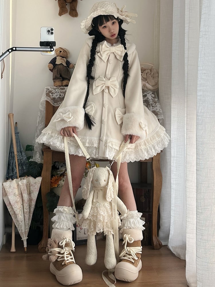 White Bow Accents Cape Lolita Coat with Lace Trim