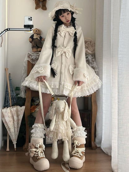White Bow Accents Cape Lolita Coat with Lace Trim