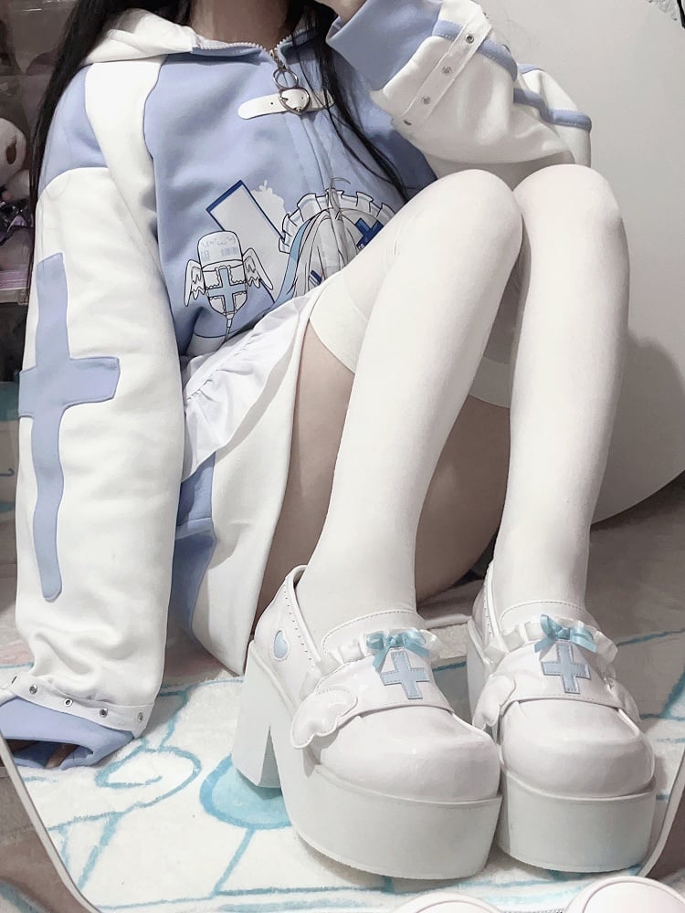 Tenshi Kaiwai ライトブルー ヤミ カワイイ クロス ボウノット プラットフォーム ローファー