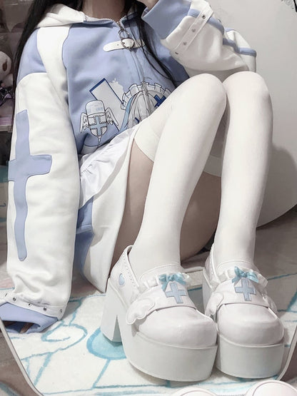 Tenshi Kaiwai ライトブルー ヤミ カワイイ クロス ボウノット プラットフォーム ローファー