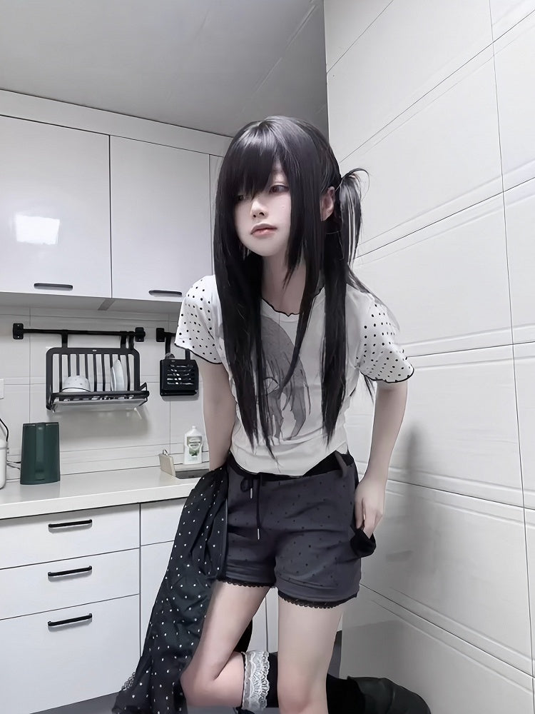 Polka White Dots Print Black and Graphic T-Shirt with Cartoon