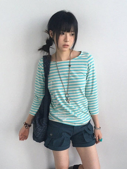 Mint Striped Wide Round Neck Long Sleeve T-shirt with Key and Iron Gate Print - innomoood