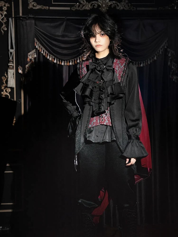 Schwarzes Ouji Fashion Lolita Langarmhemd mit Jabot-Krawatte und Fliege