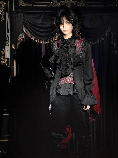 Schwarzes Ouji Fashion Lolita Langarmhemd mit Jabot-Krawatte und Fliege