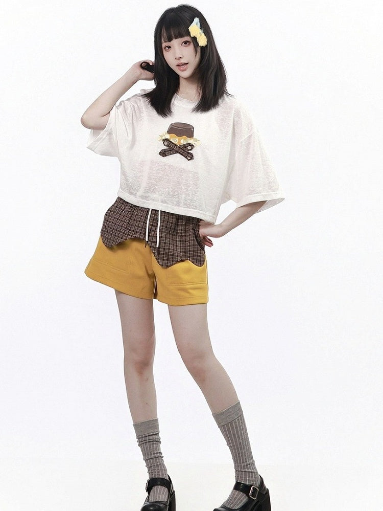 Caramel Pudding Yellow and Brown Plaid Drawstring Shorts - PINK SAVIOR