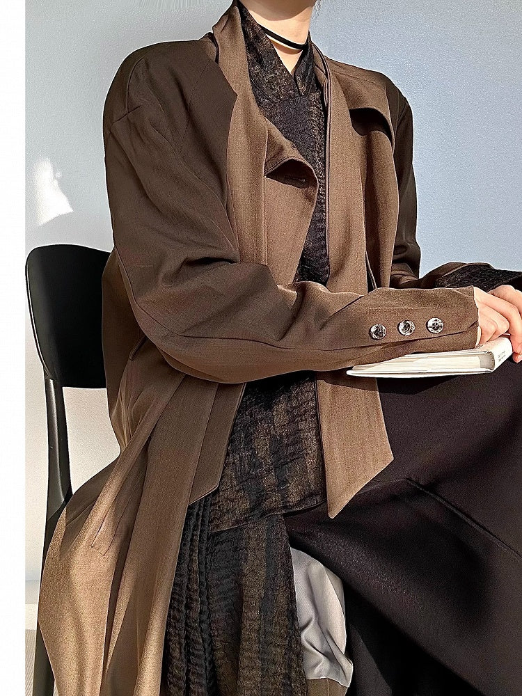 Coffee Trench Vintage Long Cuffs with Neck Lolita Coat Ouji Button Tie