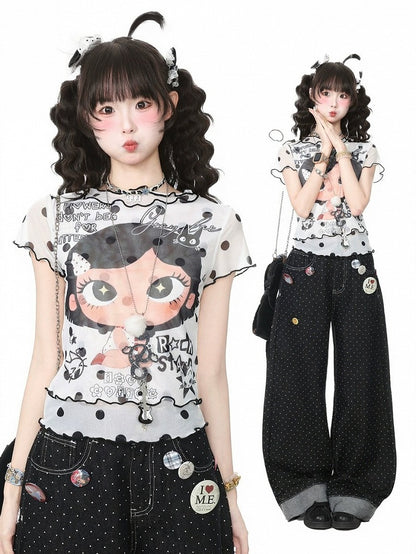 Cartoon Girl & Polka Dot Print White Mesh Short Sleeve T-Shirt - Languid Park