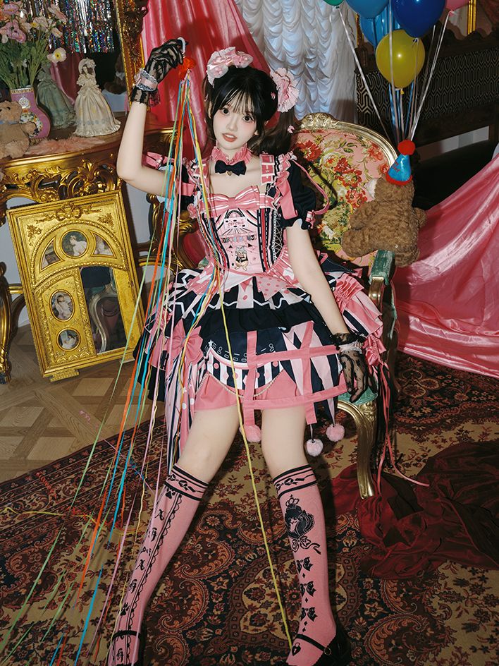 Jumper Embroidery Bunny Black Pink Lolita with Dress Skirt Sleeves Puff and Sweet Circus Detachable