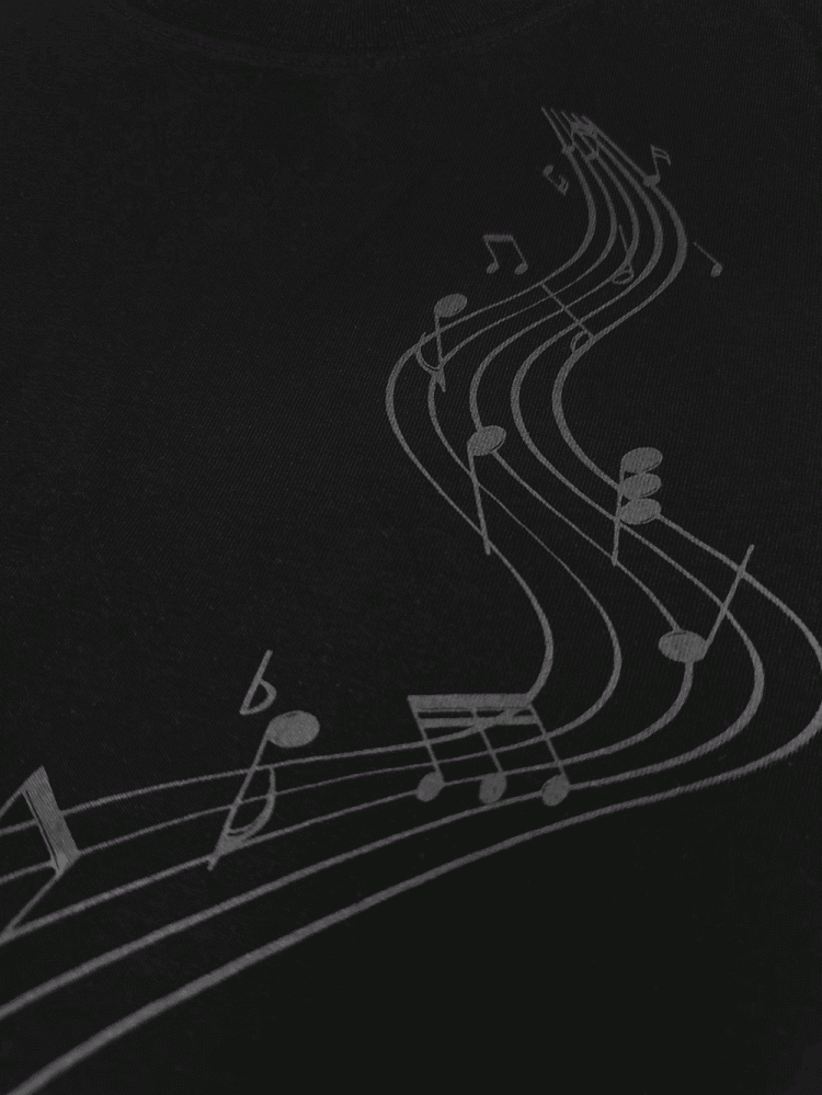 Black Round Neck Musical Note Print Cotton T-Shirt