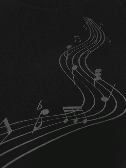 Black Round Neck Musical Note Print Cotton T-Shirt