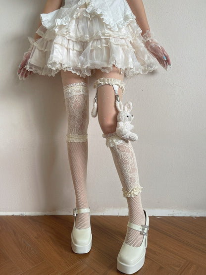 Beige Sweet Sheer Star Tights + Lace Overknee Stockings + Plush Bunny Leg Ring Set - Ms. Sox