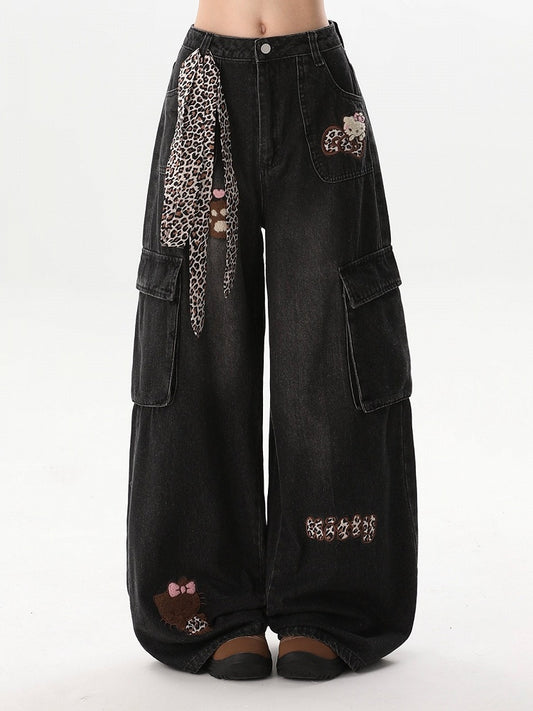 Cat Decoration Cargo Jeans with Leopard Print Lace-Up - Rayohopp