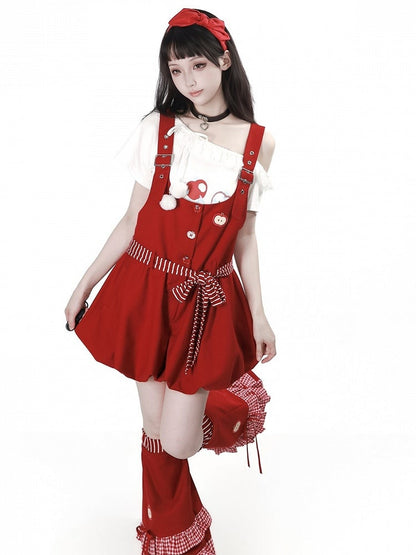White Asymmetric T-Shirt with Apple Print and Lace - PINK SAVIOR