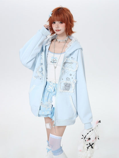 Blue Lace Trim Hoodie with Print - CRAZY GIRL