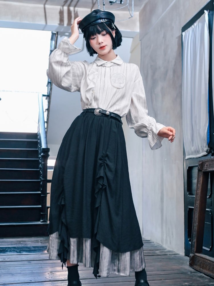 Cascading Hem Cheongsam Black Ruched with Ruffles Skirt Gothic Contrast