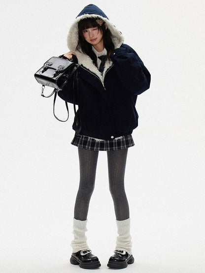 - Front Jacket Interior Hooded Dark Fleece Zipper Blue Cozy