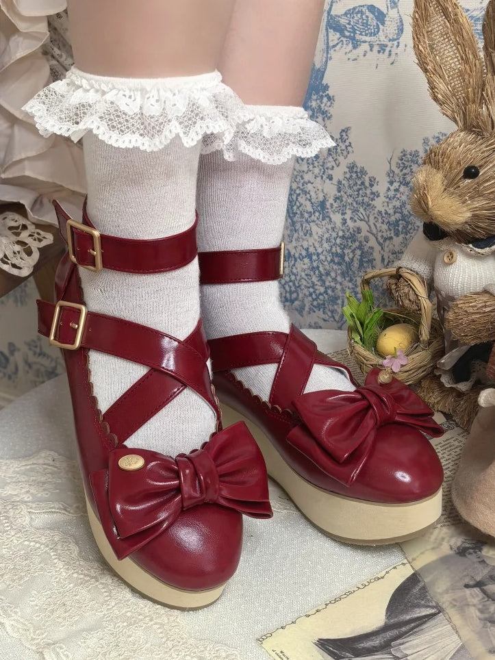 Grain PU Wood Mary at - Red with Janes Top Sole Bow Crisscross Sweet Straps Platform Lolita