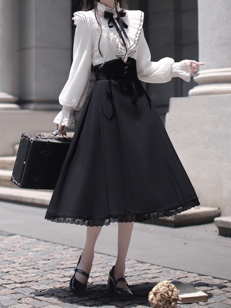 Long Kei Clean Faux Aesthetic with Flounce Innocent - White Elegant Neckline Two-Piece Tiered and Jirai Dress Black