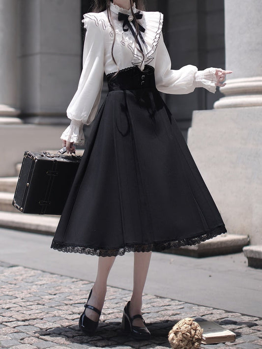 Long Kei Clean Faux Aesthetic with Flounce Innocent - White Elegant Neckline Two-Piece Tiered and Jirai Dress Black