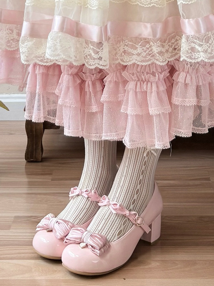 and - Delicate Heart for Lolita Design Sweet Heel Embellishments Leather Mid Bow Toe Round with Shoes PU