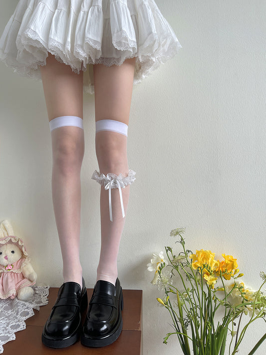+ Garter Stockings Knee Ruffled Set White Over Leg Bow