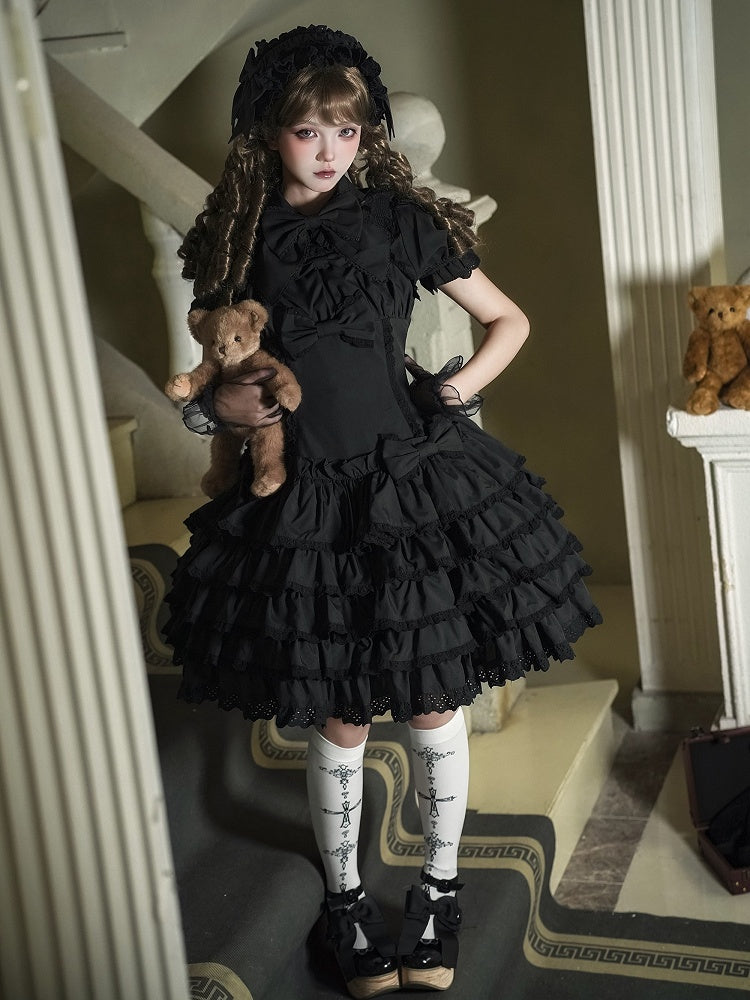 Gothic Tiered Bow Black Accents Lolita with Ruffles Dress