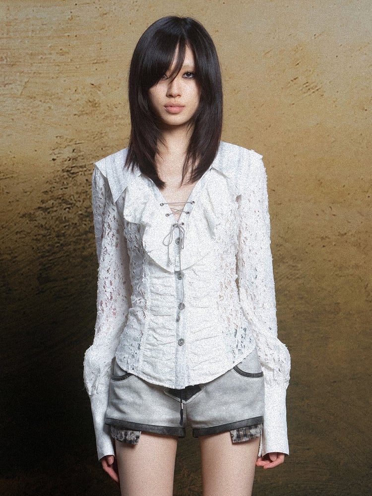 Blouse with Layered Lace-Up Detail Vintage Punk Collar White