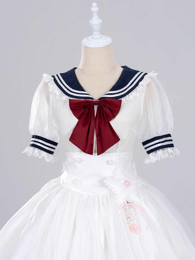 Summer Sailor Collar Short Sleeves Blouse with Red Bowtie - Jirai Kei Snow White Vibes - DevilInspired Exclusive Collection
