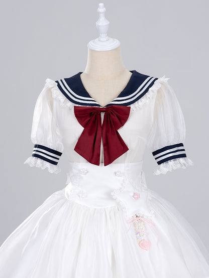 Summer Sailor Collar Short Sleeves Blouse with Red Bowtie - Jirai Kei Snow White Vibes - DevilInspired Exclusive Collection