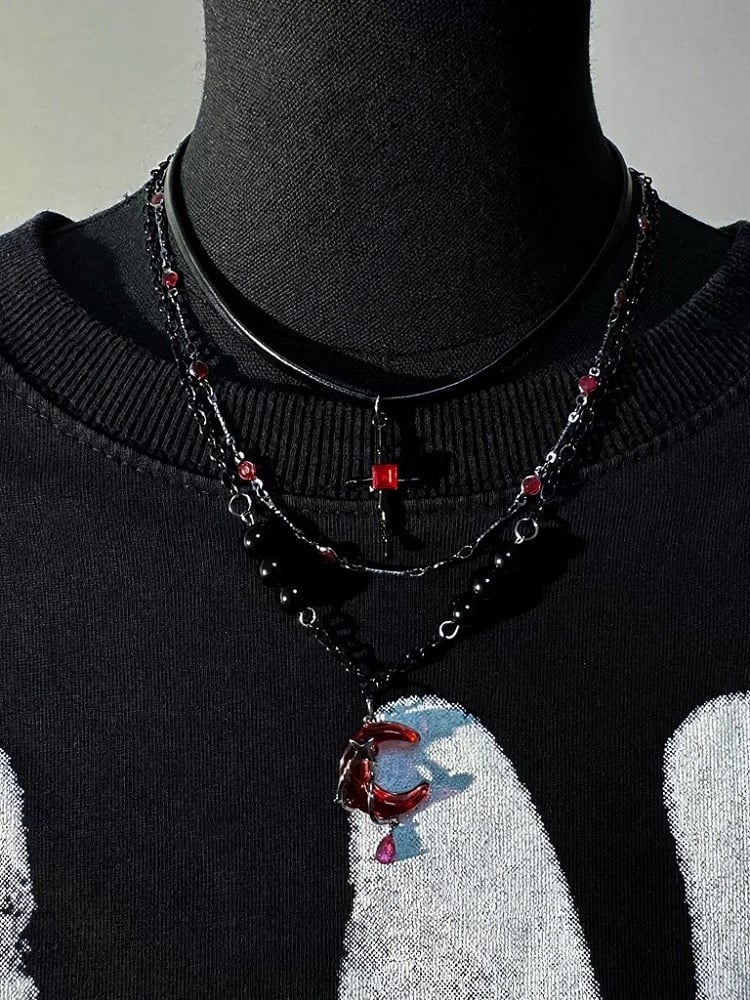 Beaded Layered Gothic Necklace with Red Moon - YSHXS