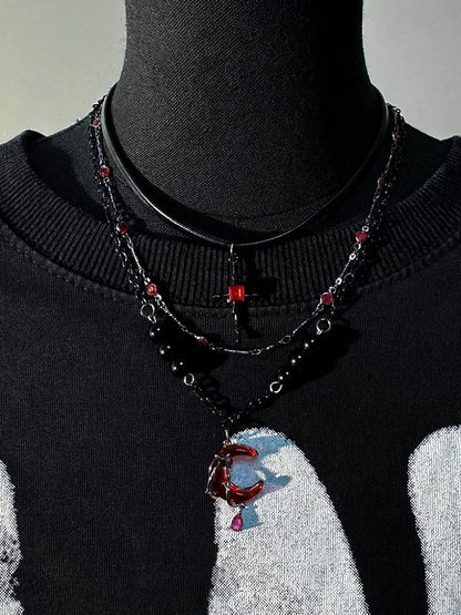 Beaded Layered Gothic Necklace with Red Moon - YSHXS