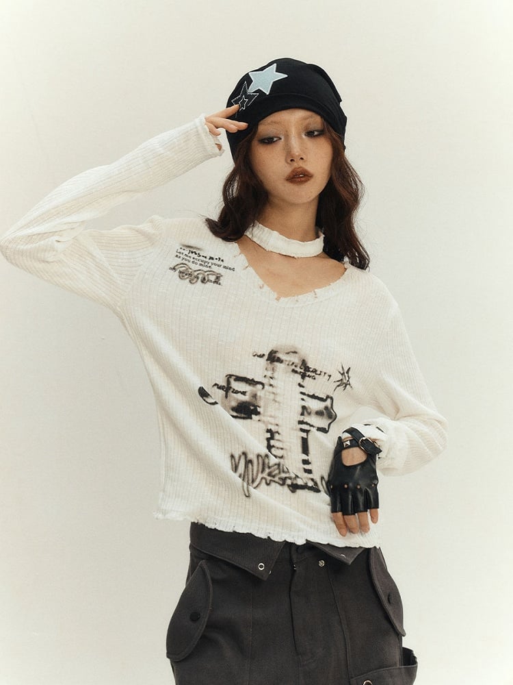 White Sweater Choker Cross V-neck Punk with