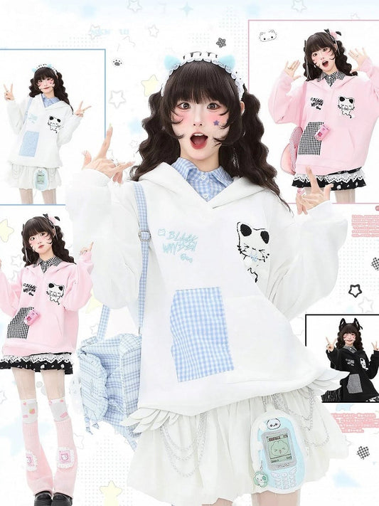 Daily Kawaii Pink/Black/White with Pattern Two-piece Plaid in Hoodie