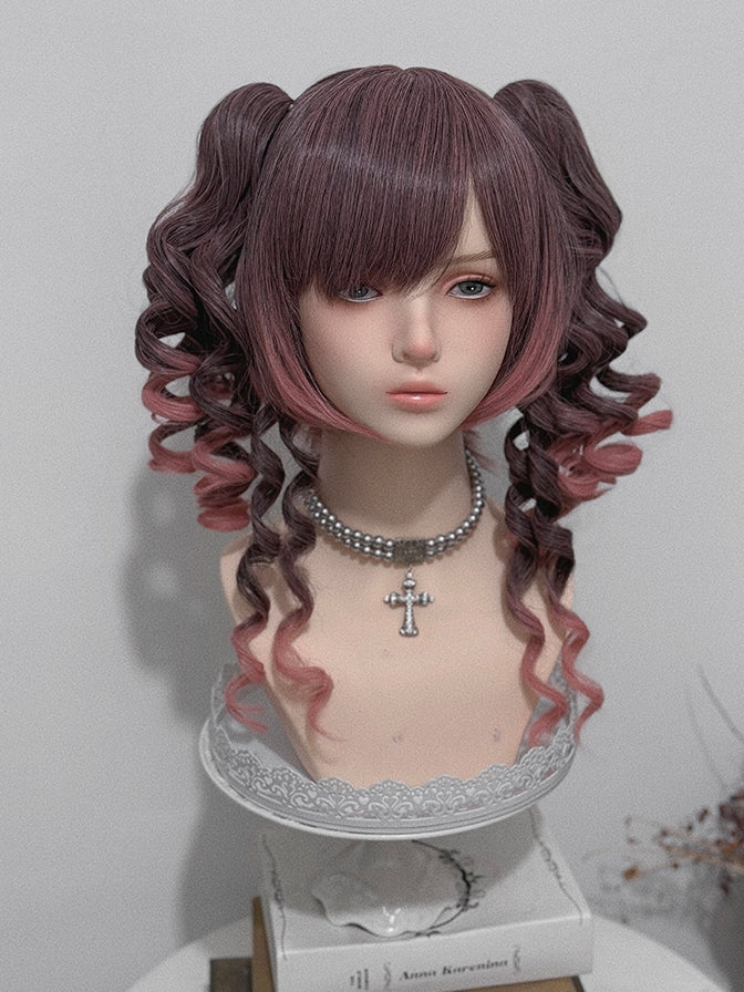 30CM With Double Claw Clips Length Roman Air Curly Ombre 48CM + Bangs Wig Ponytail Pink