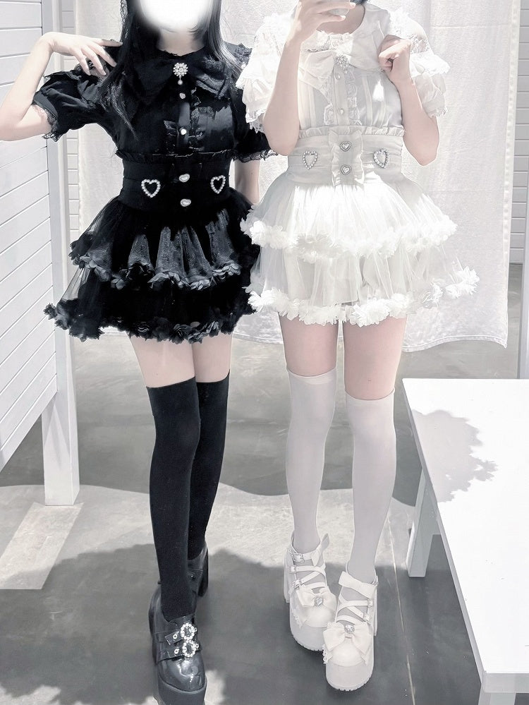 Black Tiered Back / Skirt Jirai Ties Kei Mesh and Beaded White Sweetheart with