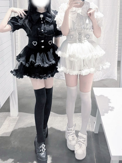 Black Tiered Back / Skirt Jirai Ties Kei Mesh and Beaded White Sweetheart with