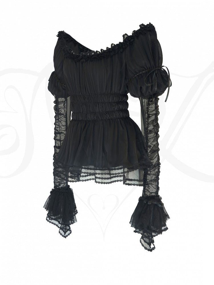 Cuffs Black Blouse Lace Off-the-shoulder Lolita with