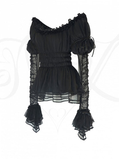 Cuffs Black Blouse Lace Off-the-shoulder Lolita with