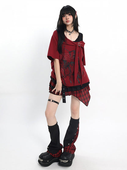 Cutout Shoulder Tee with Bow Print in Red - Catwish