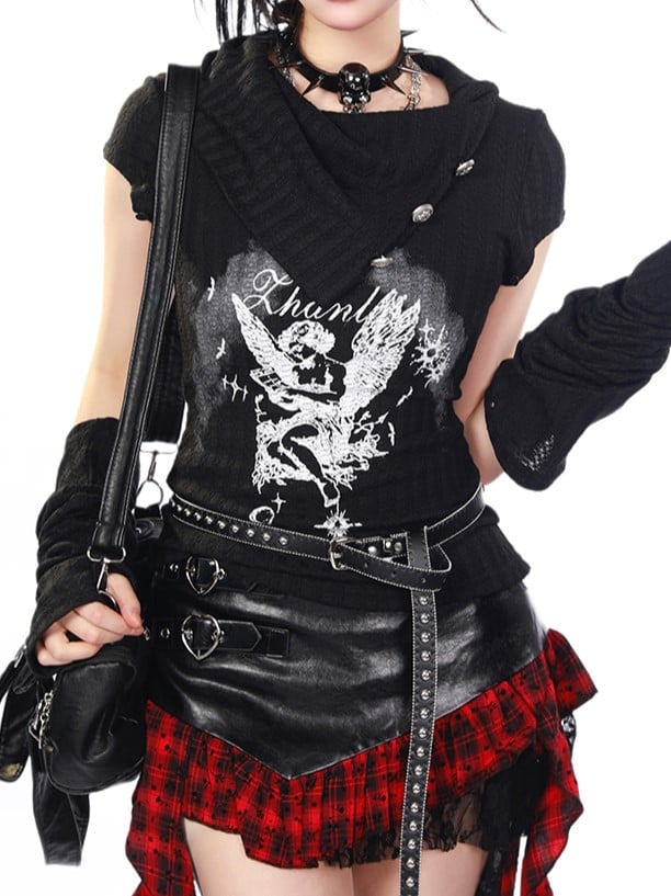 Dark Aesthetic Black Knit T-shirt with Angel Print