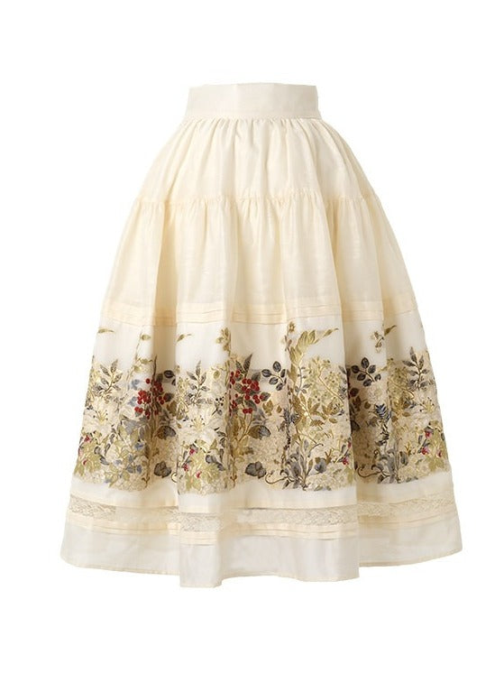 Retro Beige Floral Lace-Trimmed A-Line Skirt - Yimu Walnut