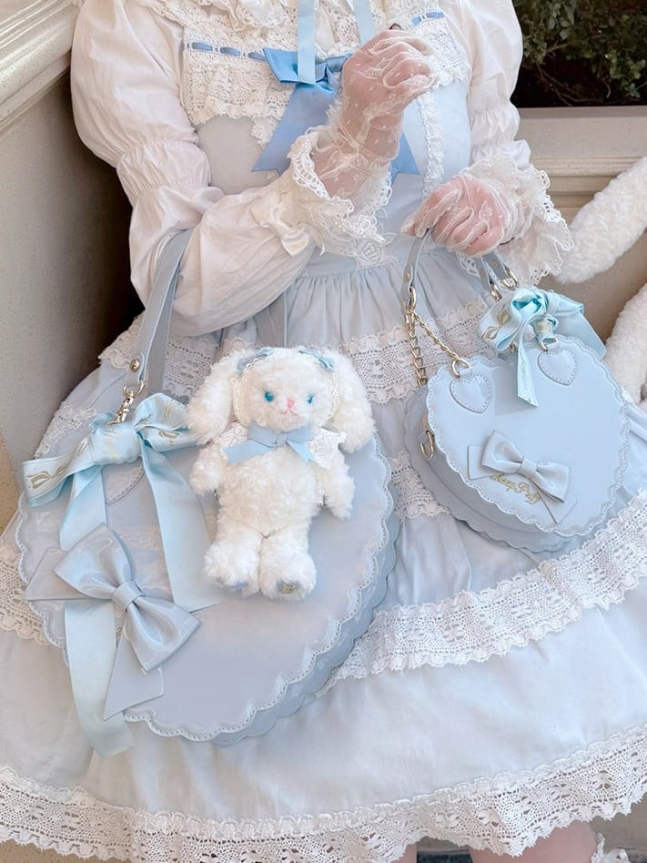 Decorative Size Heart Detail Large in Bow PU Blue Hand/Crossbody Bag Zipper