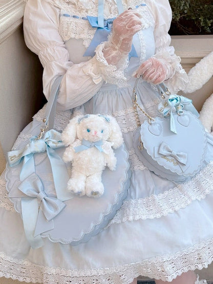 Decorative Size Heart Detail Large in Bow PU Blue Hand/Crossbody Bag Zipper