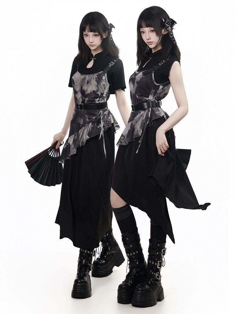 Black Asymmetric Cami Long Dress with Ink Print - PINK SAVIOR