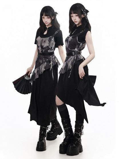 Black Asymmetric Cami Long Dress with Ink Print - PINK SAVIOR